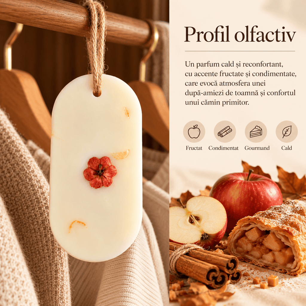 Profil olfactiv al odorizantului pentru dulap, cu note calde de măr și scorțișoară.