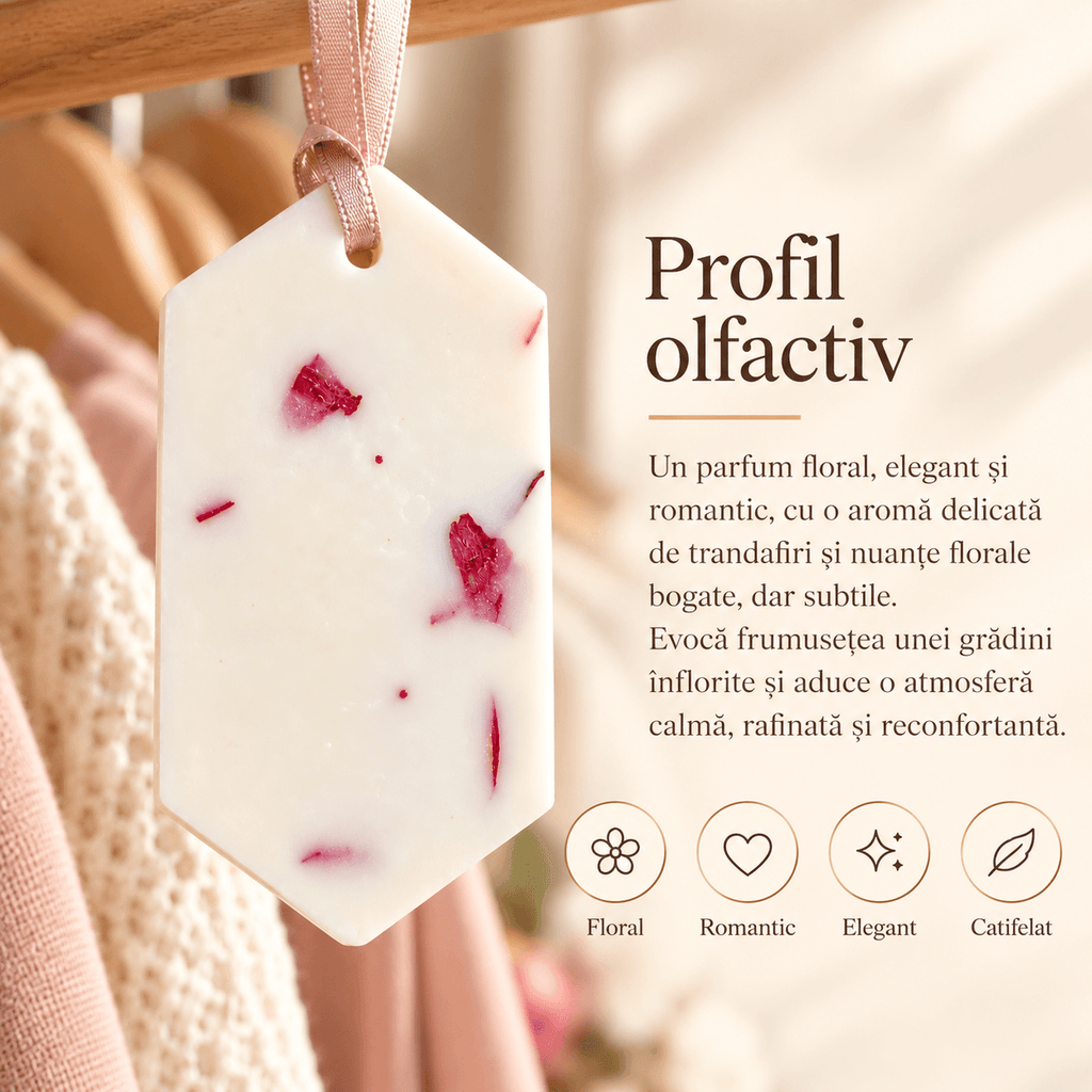 Profil olfactiv al odorizantului pentru dulap, cu note delicate de trandafir.