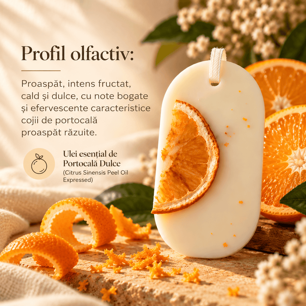 Profilul olfactiv al odorizantului parfumat pentru dulap ZEST, cu note proaspete, fructate, calde și dulci de portocală, realizat cu ulei esențial de portocală dulce.