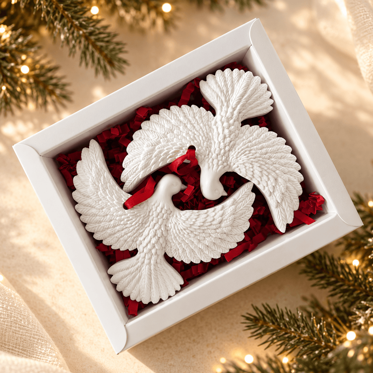 Set de două turturele albe decorative, așezate într-o cutie de cadou cu umplutură vișinie și panglici roșii.