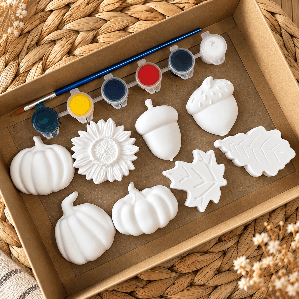 Set de pictură figurine ceramice realizate manual, 8 figurine de toamnă nepictate, culori acrilice și pensulă